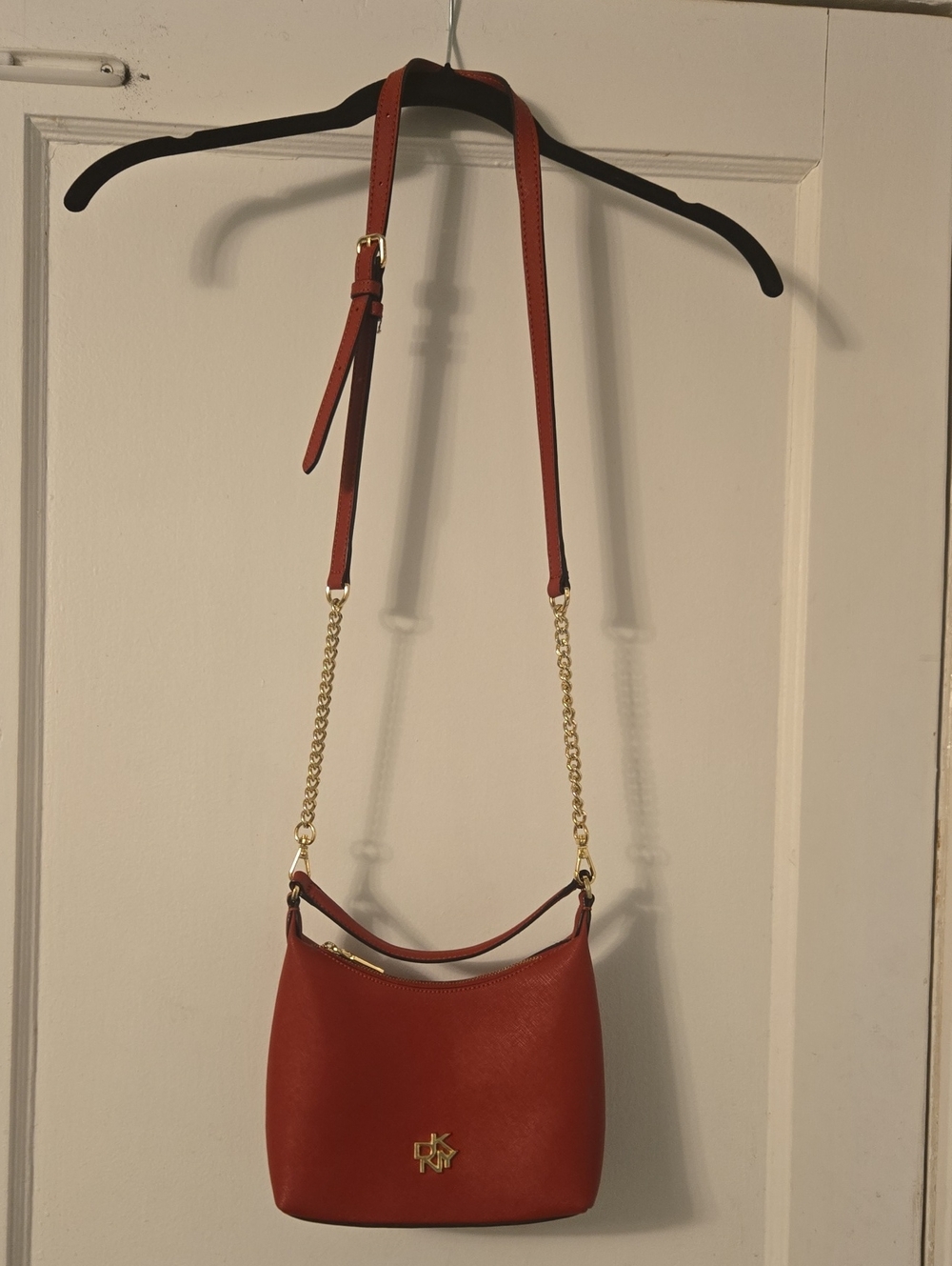 DKNY Red Leather Crossbody with Gold Chain Detail